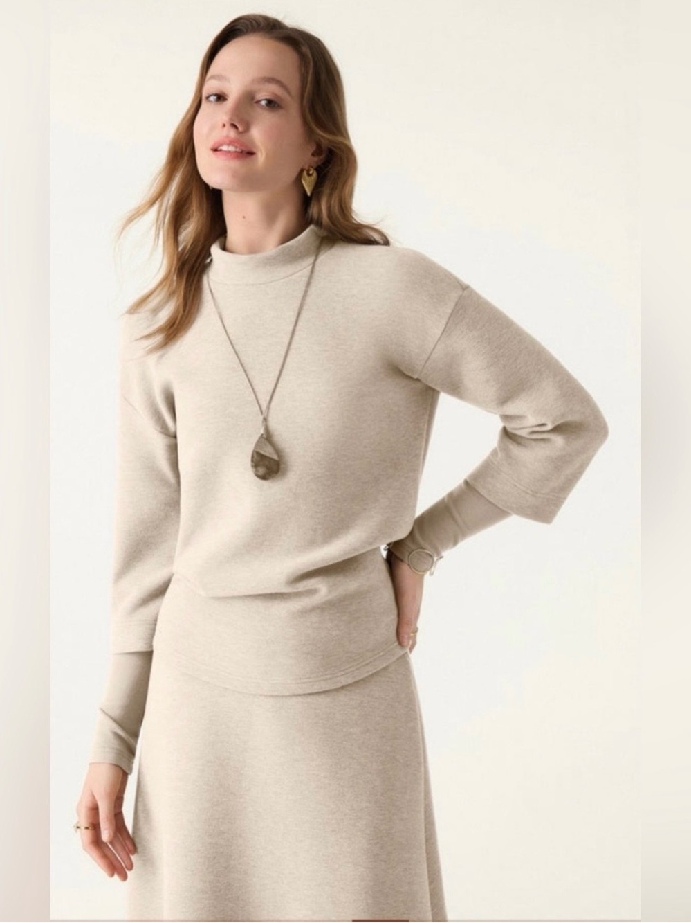 NWT FuzzLuxe Mockneck Sleeve-Warmer Top in Heather Beige Sz M